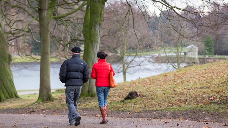 Two visitors walking in Studley Royal Water Garden in December